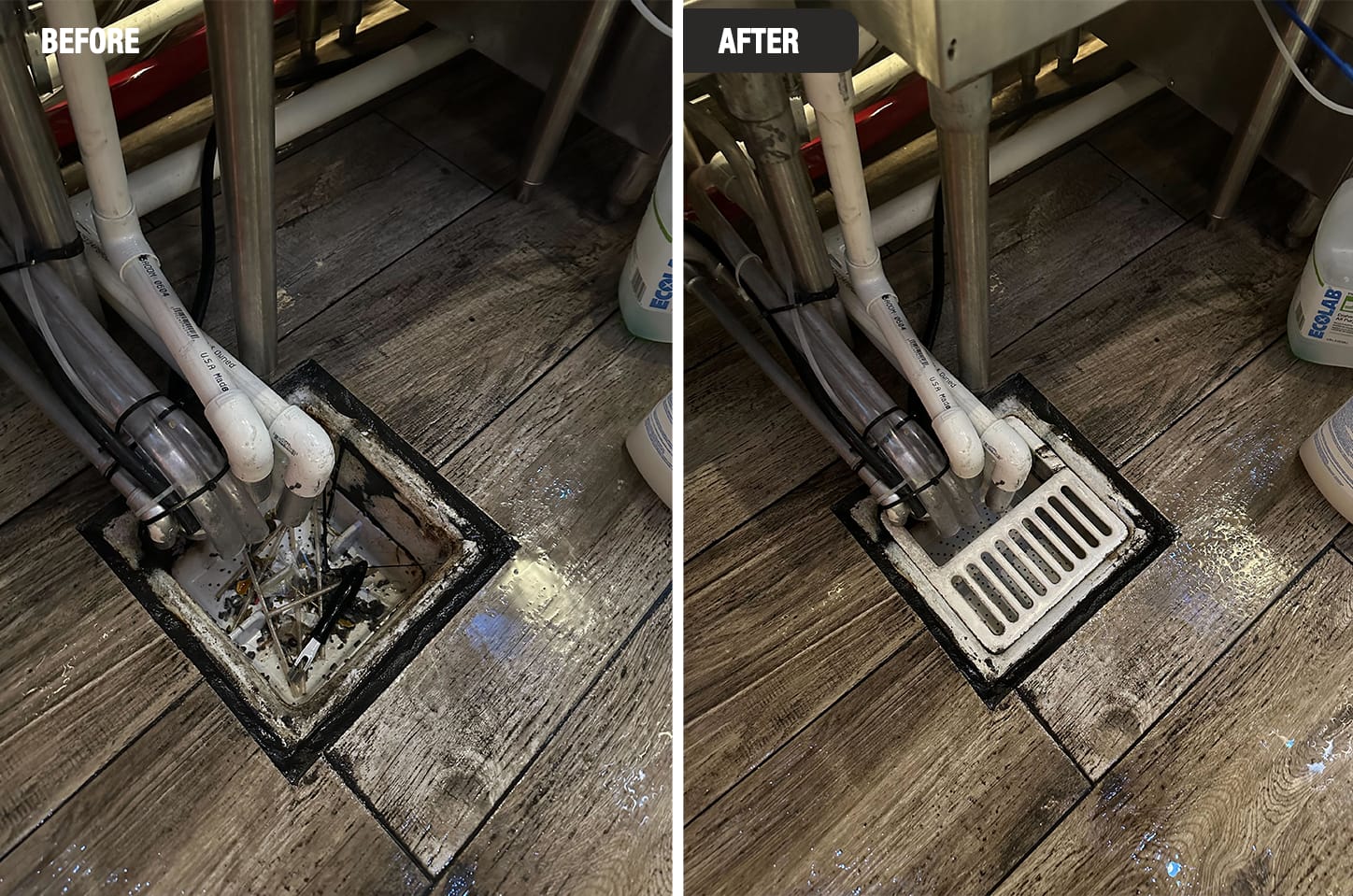 Before and after kitchen floor drain cleaning in commercial kitchen