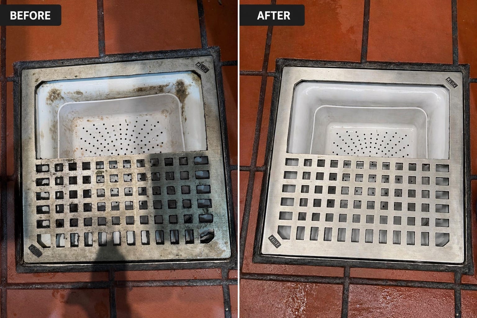 Before and after deep clean of a restaurant floor drain strainer