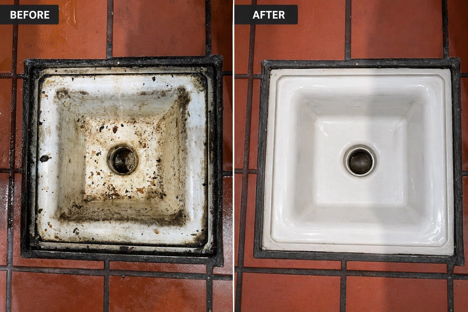 Before and after floor drain deep cleaning under red tile