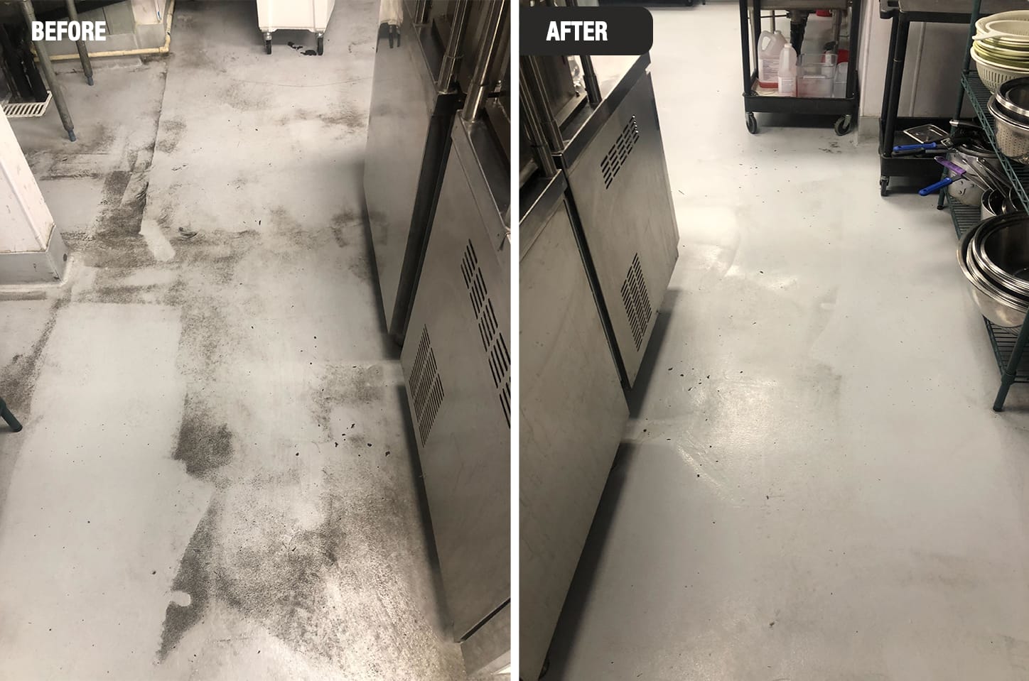 Before and after restaurant kitchen floor degreasing