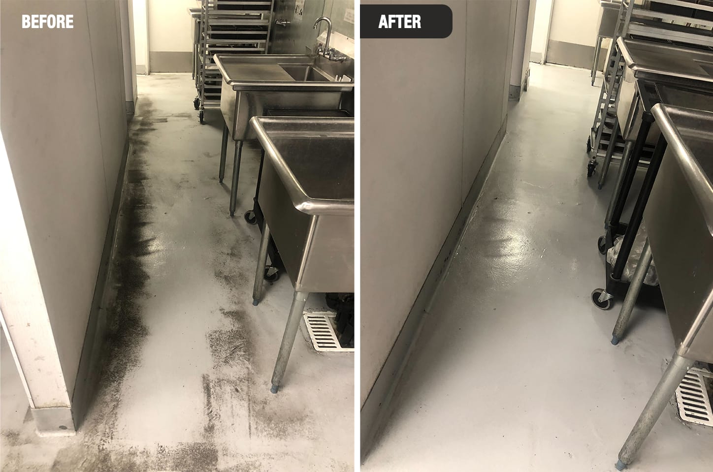 Before and after deep clean of a commercial kitchen prep aisle