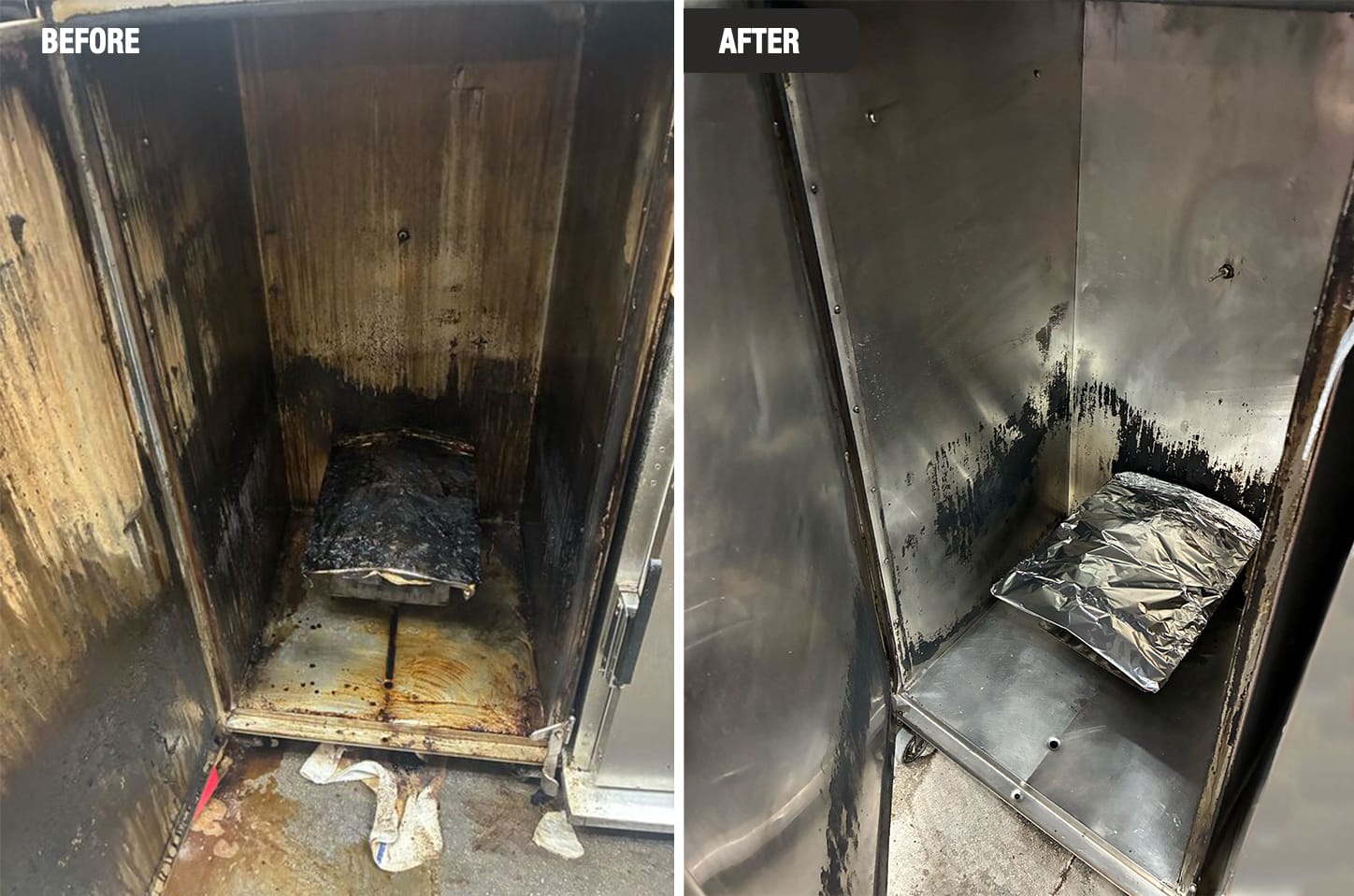Before and after deep cleaning of a commercial smoker interior