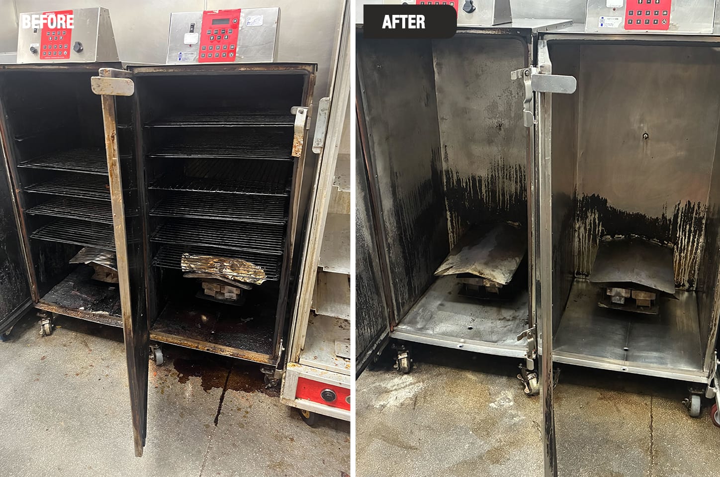 Before and after deep clean of a heavily used restaurant smoker