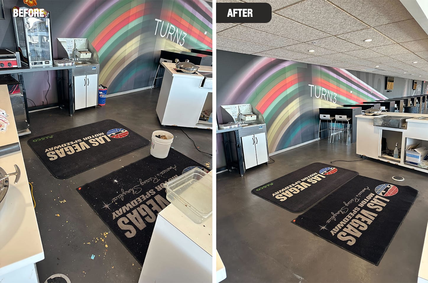 Before and after commercial floor cleaning at Las Vegas Motor Speedway
